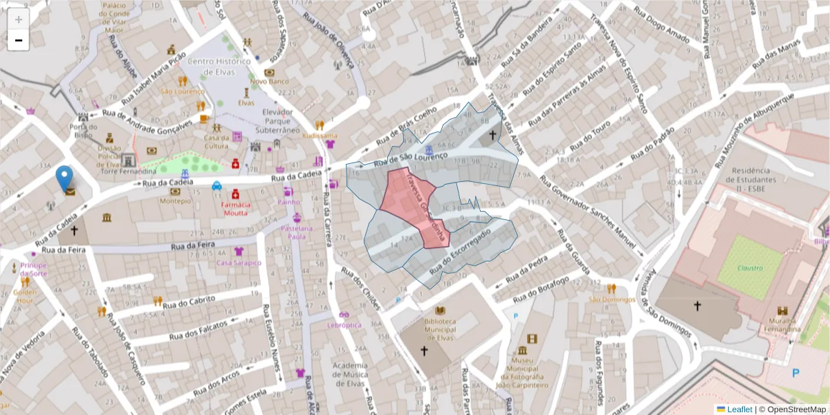 Mapa detalhado do código postal 7350-043 com limites, códigos postais vizinhos e agências dos correios