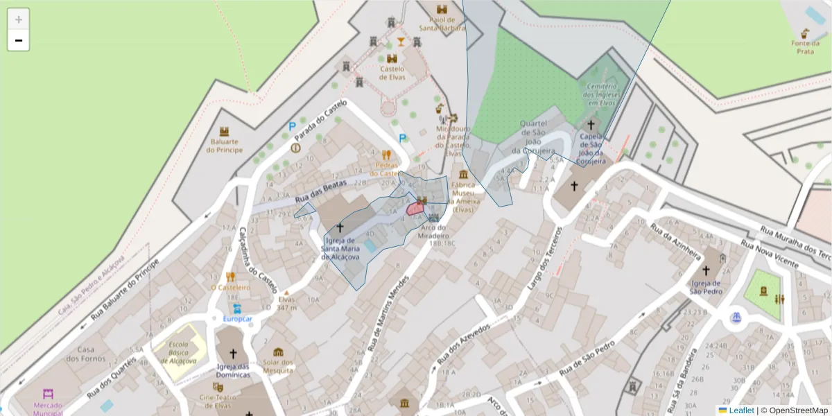 Mapa detalhado do código postal 7350-046 com limites, códigos postais vizinhos e agências dos correios