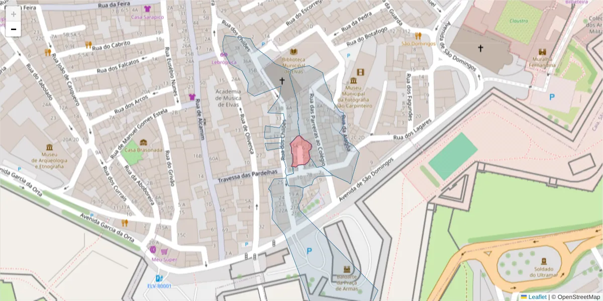 Mapa detalhado do código postal 7350-050 com limites, códigos postais vizinhos e agências dos correios