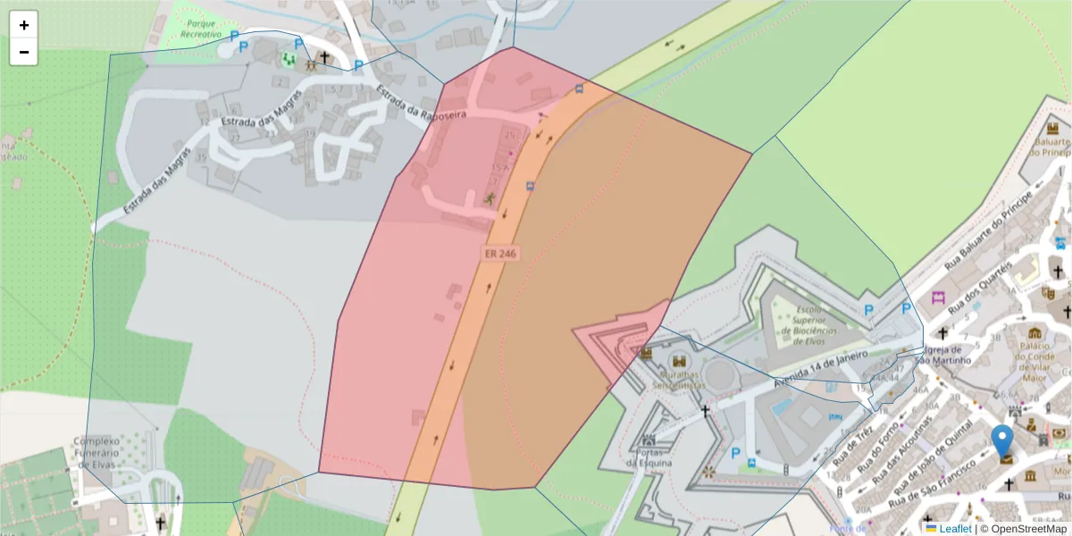 Mapa detalhado do código postal 7350-055 com limites, códigos postais vizinhos e agências dos correios