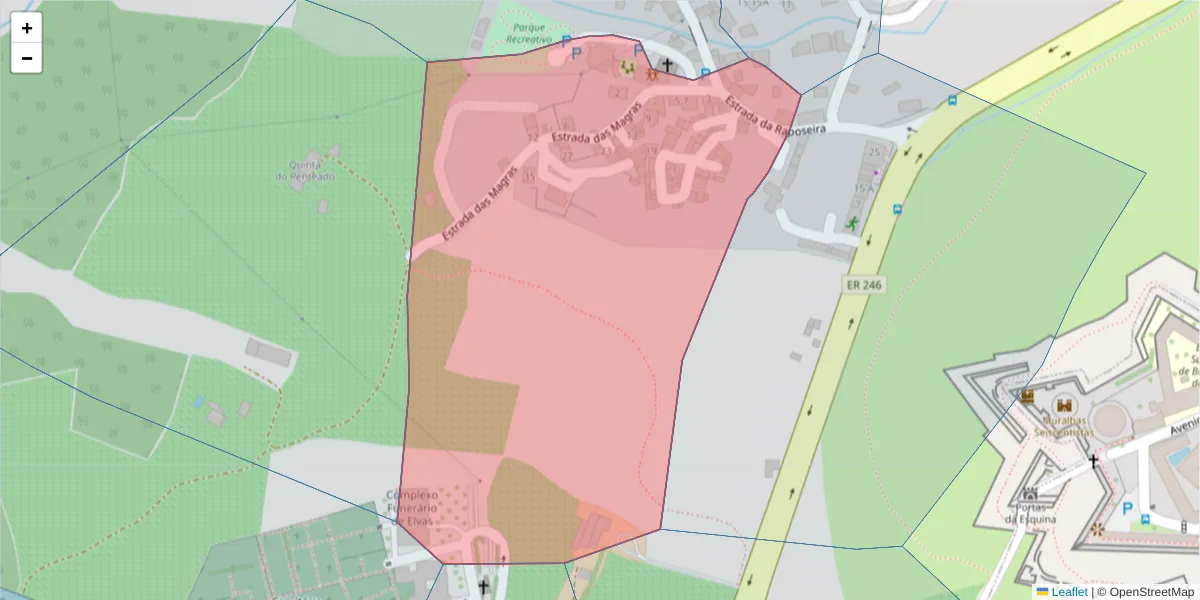 Mapa detalhado do código postal 7350-056 com limites, códigos postais vizinhos e agências dos correios
