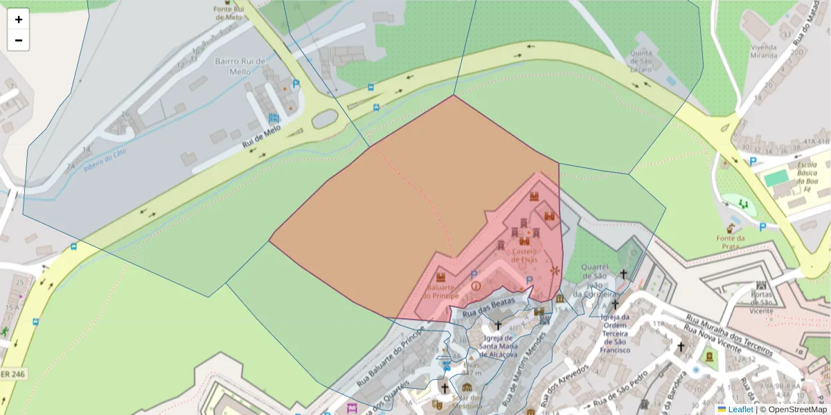 Mapa detalhado do código postal 7350-060 com limites, códigos postais vizinhos e agências dos correios
