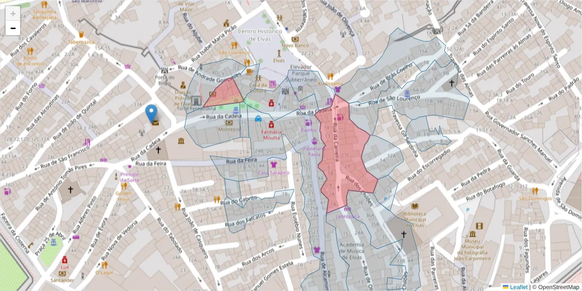 Mapa detalhado do código postal 7350-069 com limites, códigos postais vizinhos e agências dos correios