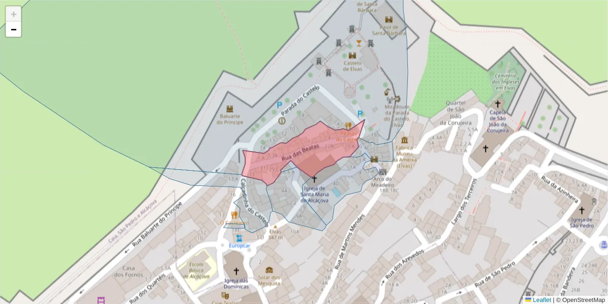 Mapa detalhado do código postal 7350-070 com limites, códigos postais vizinhos e agências dos correios