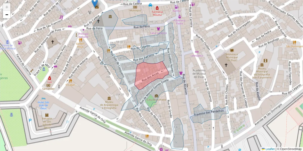 Mapa detalhado do código postal 7350-077 com limites, códigos postais vizinhos e agências dos correios