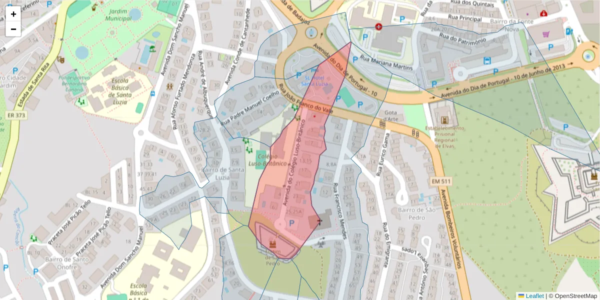 Mapa detalhado do código postal 7350-095 com limites, códigos postais vizinhos e agências dos correios