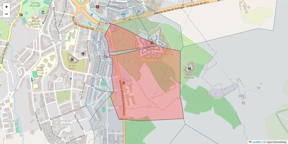 Mapa detalhado do código postal 7350-099 com limites, códigos postais vizinhos e agências dos correios