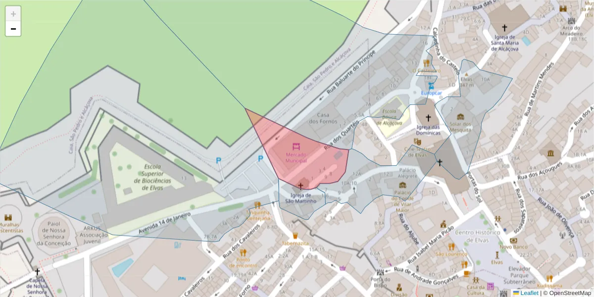 Mapa detalhado do código postal 7350-104 com limites, códigos postais vizinhos e agências dos correios