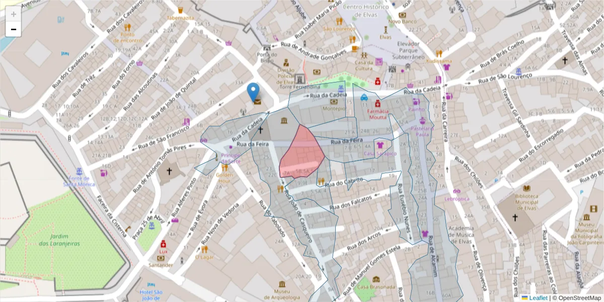 Mapa detalhado do código postal 7350-105 com limites, códigos postais vizinhos e agências dos correios
