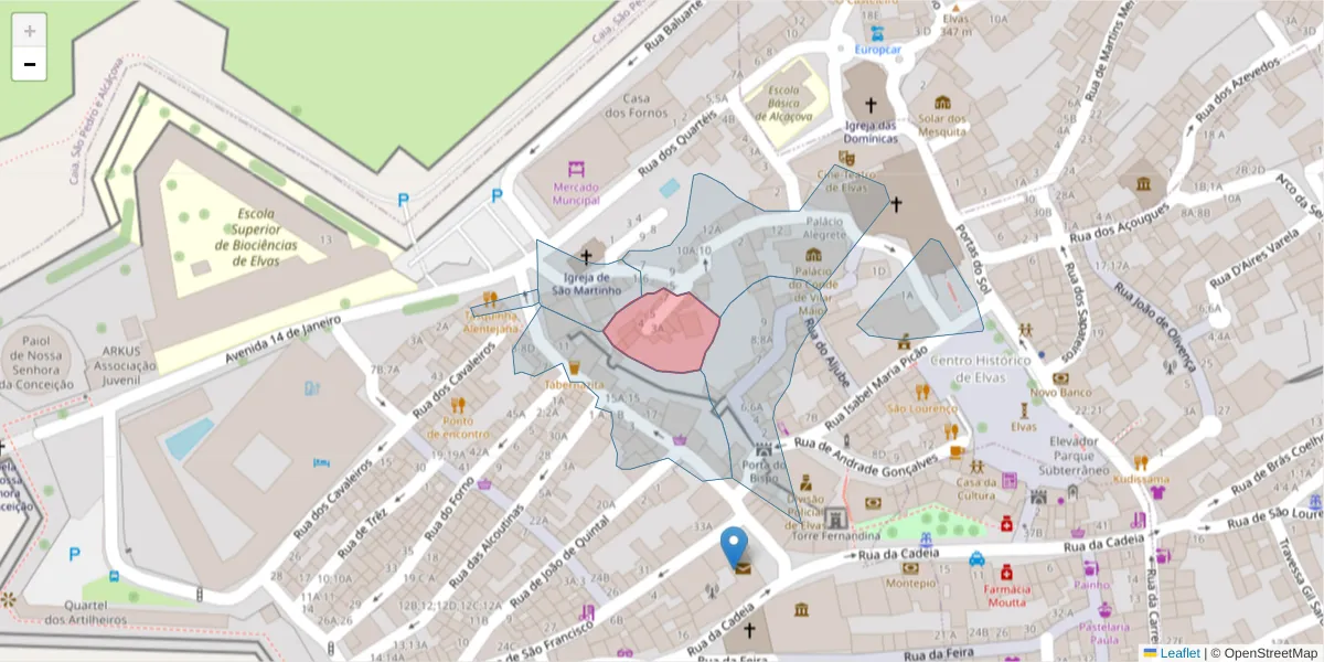 Mapa detalhado do código postal 7350-107 com limites, códigos postais vizinhos e agências dos correios