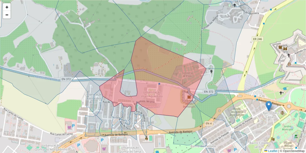 Mapa detalhado do código postal 7350-154 com limites, códigos postais vizinhos e agências dos correios