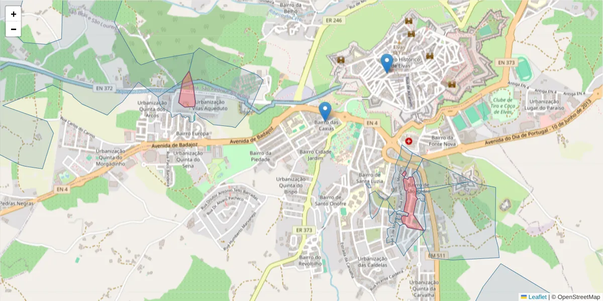 Mapa detalhado do código postal 7350-165 com limites, códigos postais vizinhos e agências dos correios