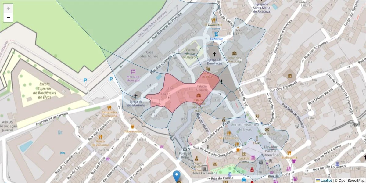 Mapa detalhado do código postal 7350-167 com limites, códigos postais vizinhos e agências dos correios