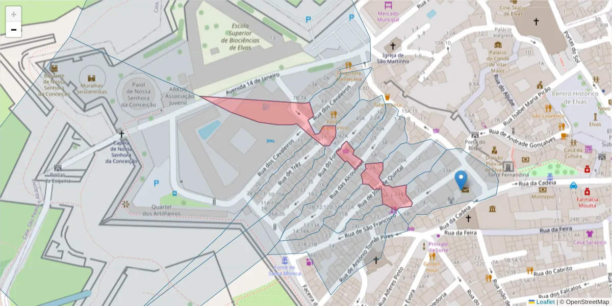Mapa detalhado do código postal 7350-168 com limites, códigos postais vizinhos e agências dos correios