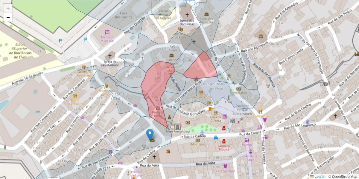 Mapa detalhado do código postal 7350-170 com limites, códigos postais vizinhos e agências dos correios