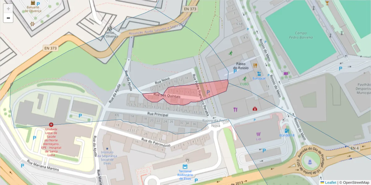 Mapa detalhado do código postal 7350-179 com limites, códigos postais vizinhos e agências dos correios