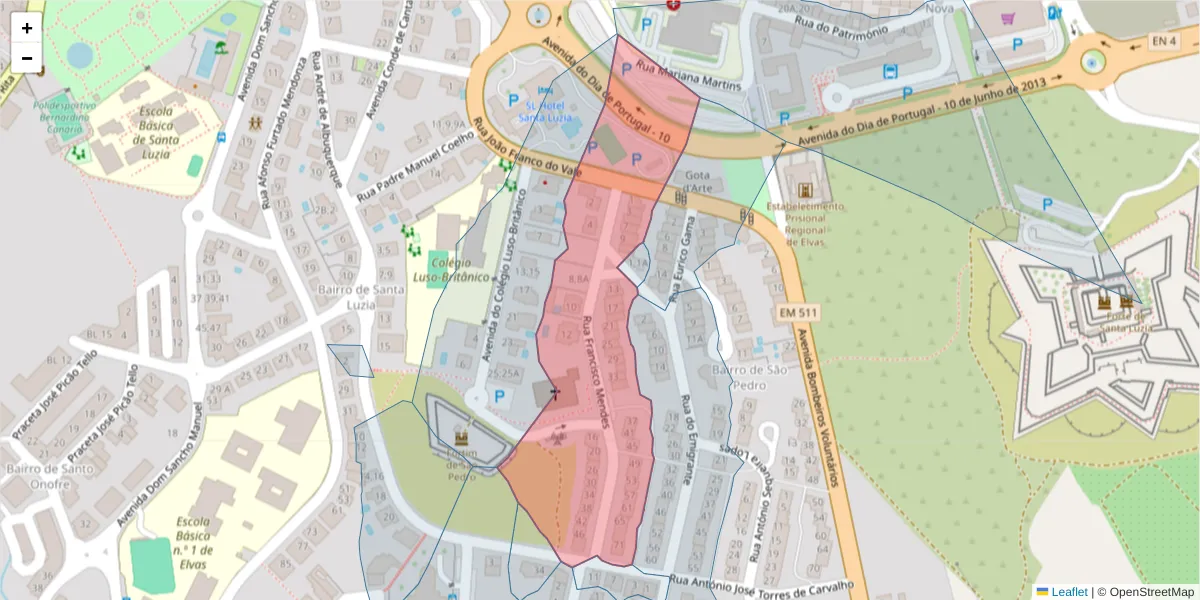 Mapa detalhado do código postal 7350-190 com limites, códigos postais vizinhos e agências dos correios
