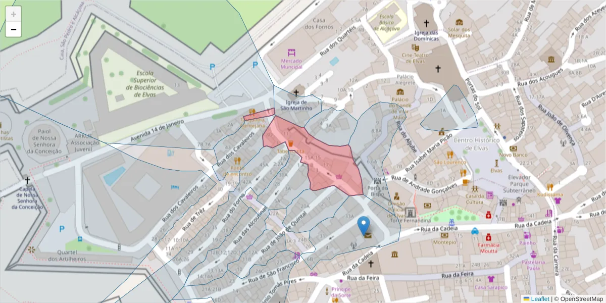 Mapa detalhado do código postal 7350-195 com limites, códigos postais vizinhos e agências dos correios
