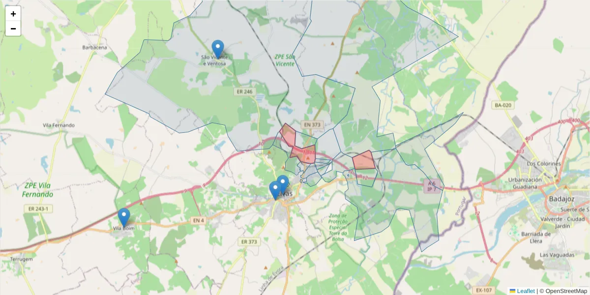 Mapa detalhado do código postal 7350-224 com limites, códigos postais vizinhos e agências dos correios