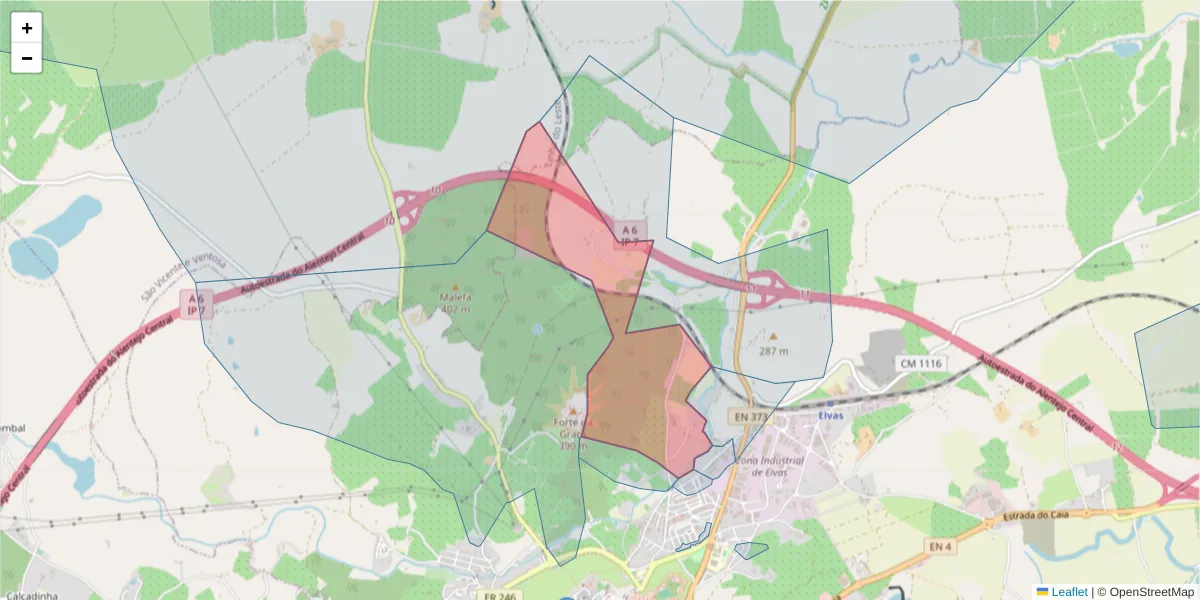 Mapa detalhado do código postal 7350-225 com limites, códigos postais vizinhos e agências dos correios
