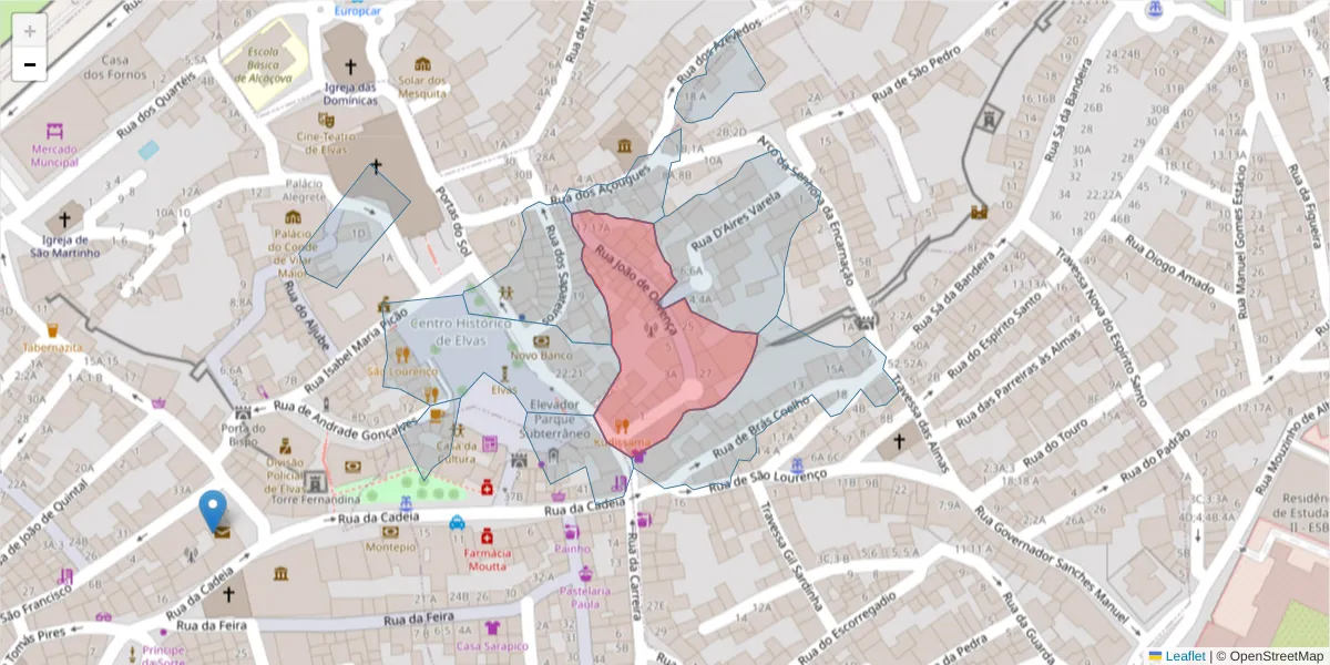 Mapa detalhado do código postal 7350-234 com limites, códigos postais vizinhos e agências dos correios