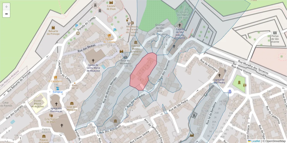 Mapa detalhado do código postal 7350-242 com limites, códigos postais vizinhos e agências dos correios