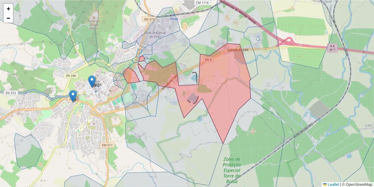 Mapa detalhado do código postal 7350-292 com limites, códigos postais vizinhos e agências dos correios