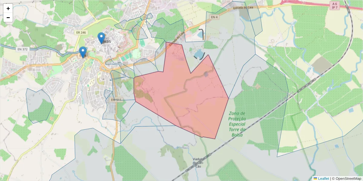 Mapa detalhado do código postal 7350-305 com limites, códigos postais vizinhos e agências dos correios