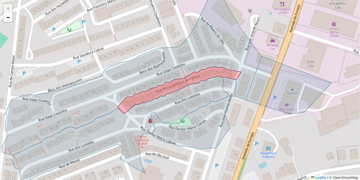Mapa detalhado do código postal 7350-322 com limites, códigos postais vizinhos e agências dos correios