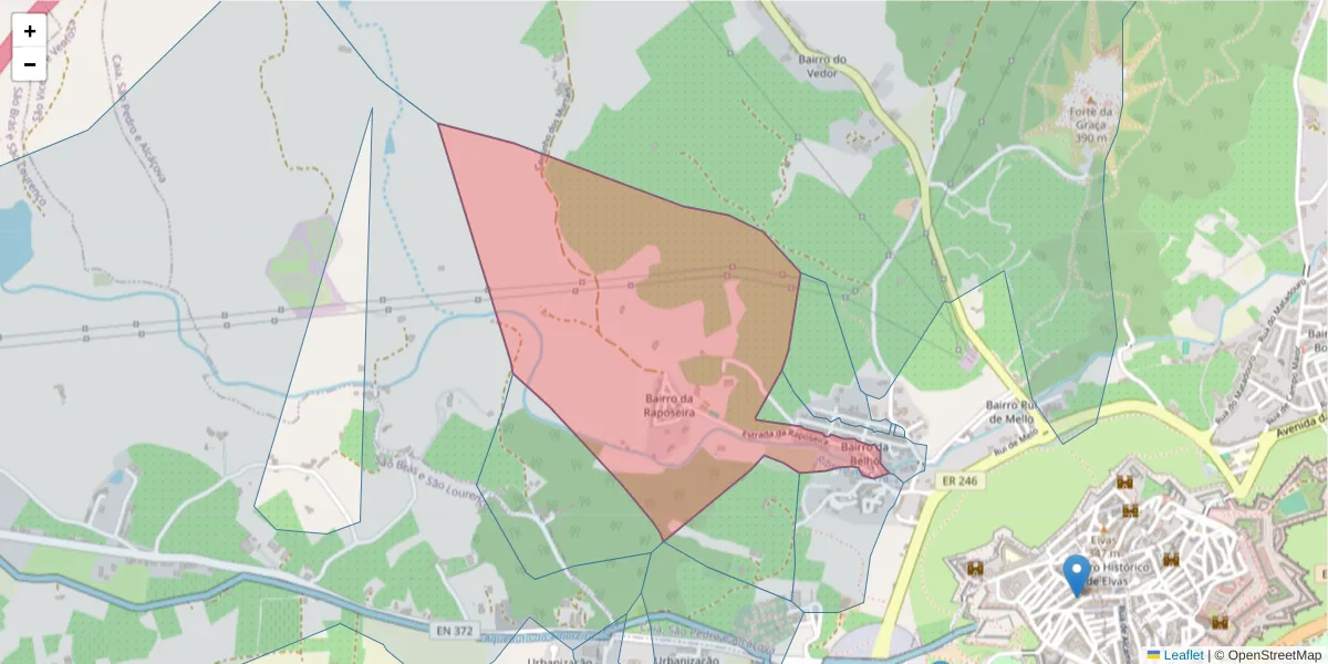 Mapa detalhado do código postal 7350-408 com limites, códigos postais vizinhos e agências dos correios