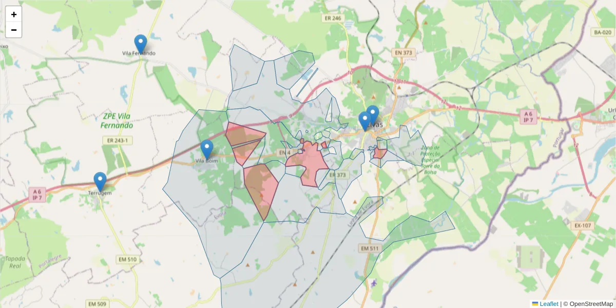 Mapa detalhado do código postal 7350-422 com limites, códigos postais vizinhos e agências dos correios