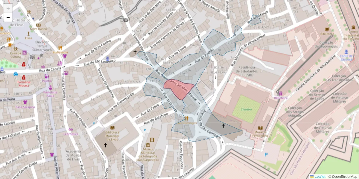 Mapa detalhado do código postal 7350-423 com limites, códigos postais vizinhos e agências dos correios