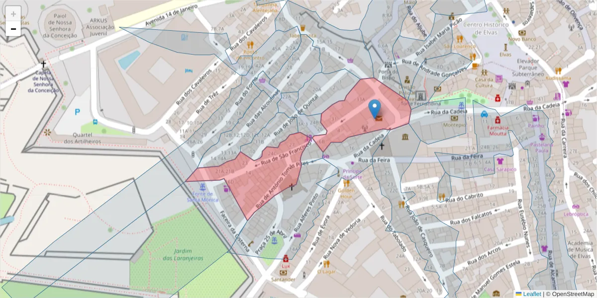 Mapa detalhado do código postal 7350-425 com limites, códigos postais vizinhos e agências dos correios
