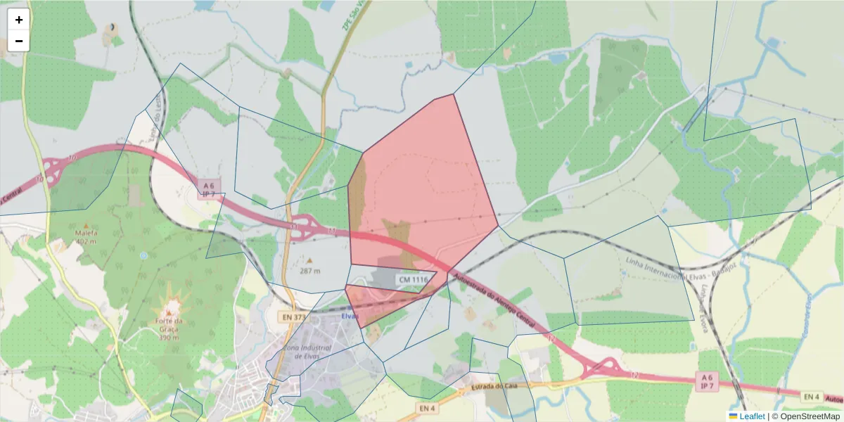 Mapa detalhado do código postal 7350-442 com limites, códigos postais vizinhos e agências dos correios