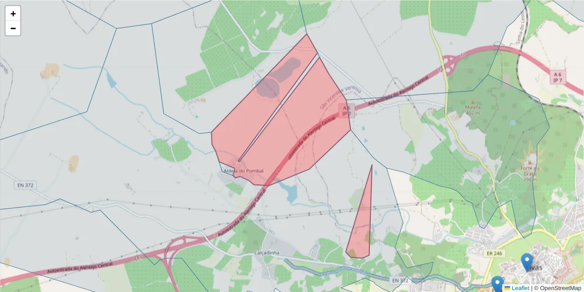 Mapa detalhado do código postal 7350-462 com limites, códigos postais vizinhos e agências dos correios