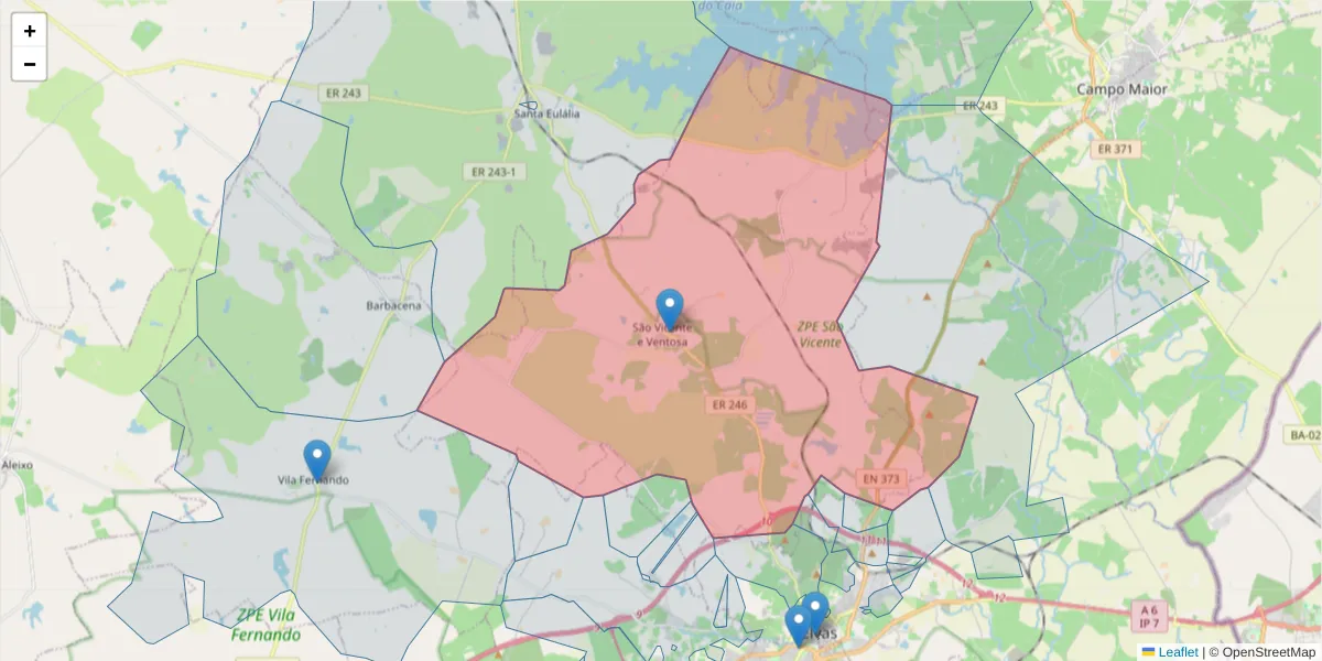 Mapa detalhado do código postal 7350-481 com limites, códigos postais vizinhos e agências dos correios