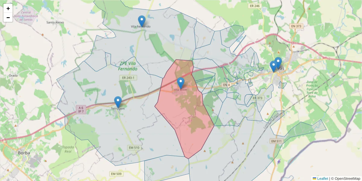 Mapa detalhado do código postal 7350-501 com limites, códigos postais vizinhos e agências dos correios