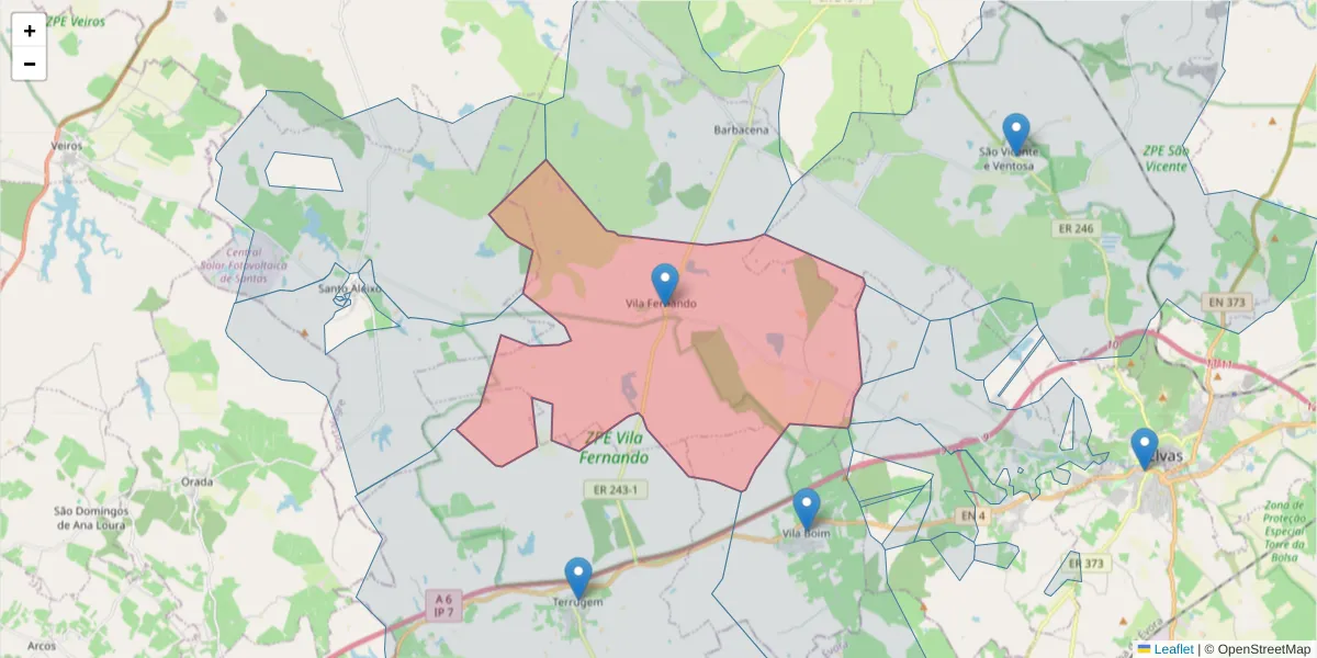 Mapa detalhado do código postal 7350-511 com limites, códigos postais vizinhos e agências dos correios