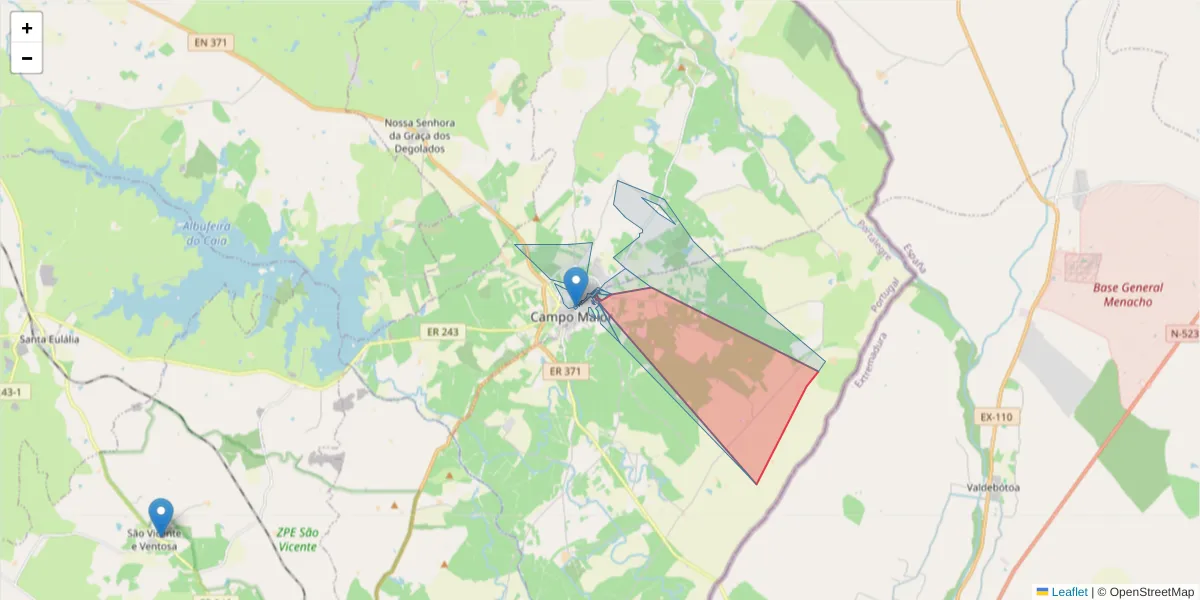 Mapa detalhado do código postal 7370-024 com limites, códigos postais vizinhos e agências dos correios