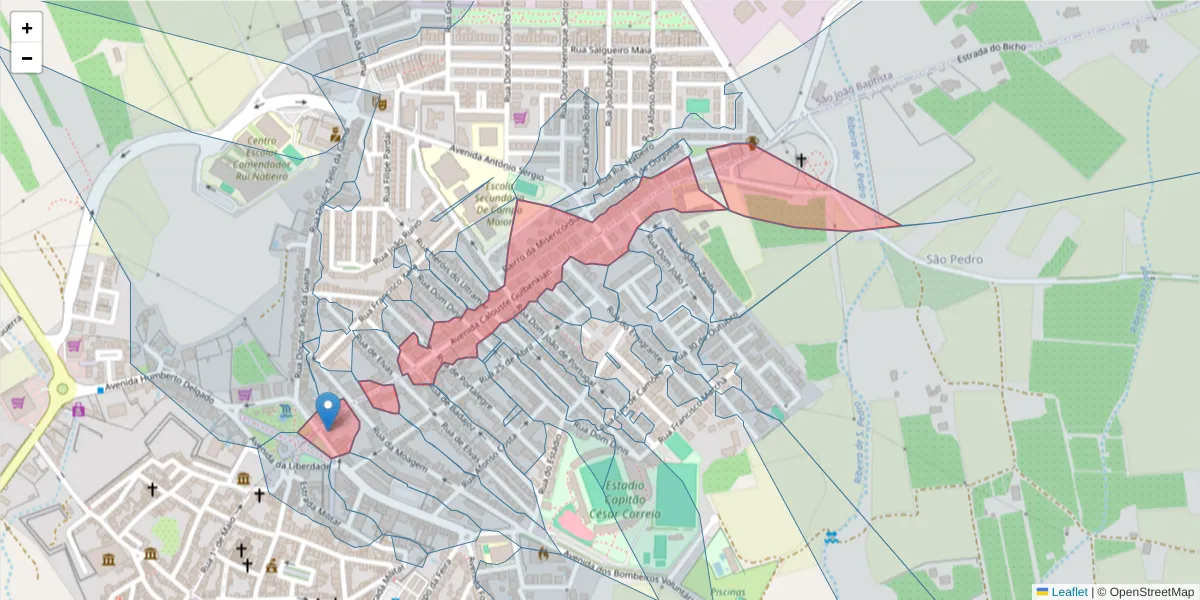 Mapa detalhado do código postal 7370-025 com limites, códigos postais vizinhos e agências dos correios