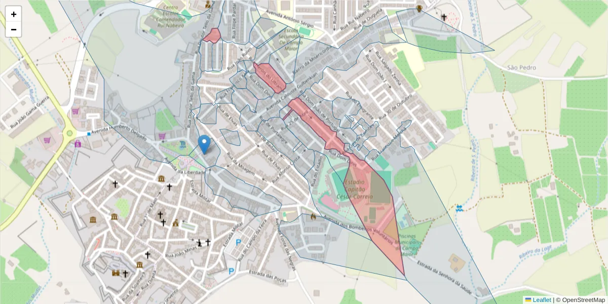 Mapa detalhado do código postal 7370-026 com limites, códigos postais vizinhos e agências dos correios
