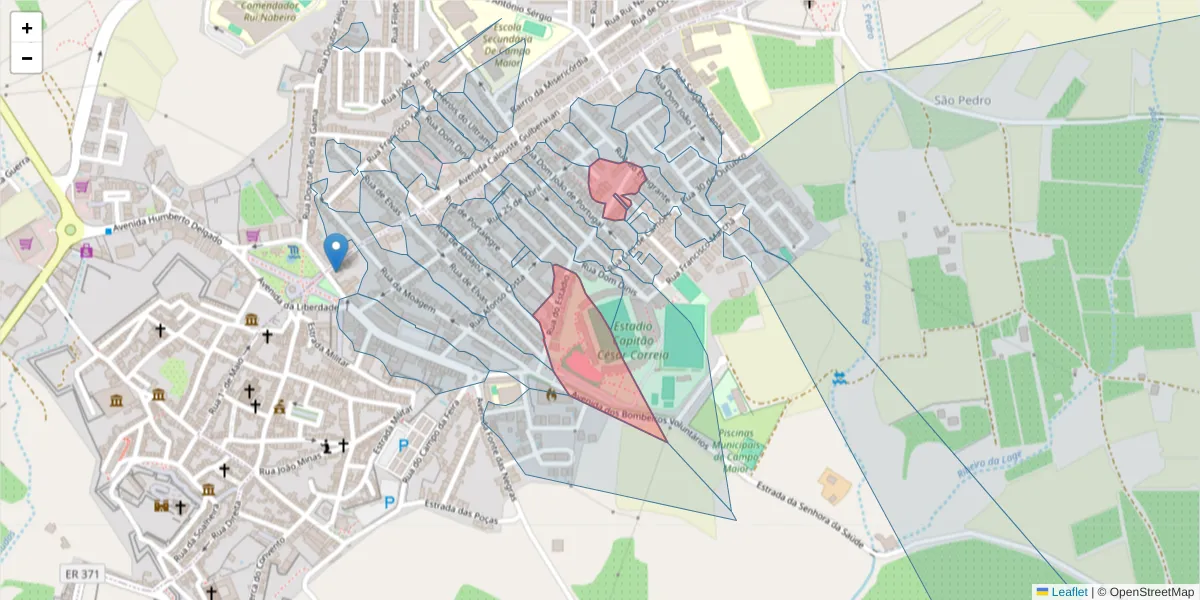 Mapa detalhado do código postal 7370-028 com limites, códigos postais vizinhos e agências dos correios