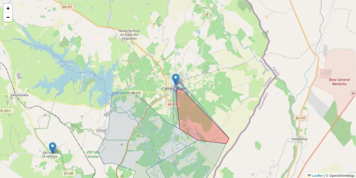 Mapa detalhado do código postal 7370-031 com limites, códigos postais vizinhos e agências dos correios