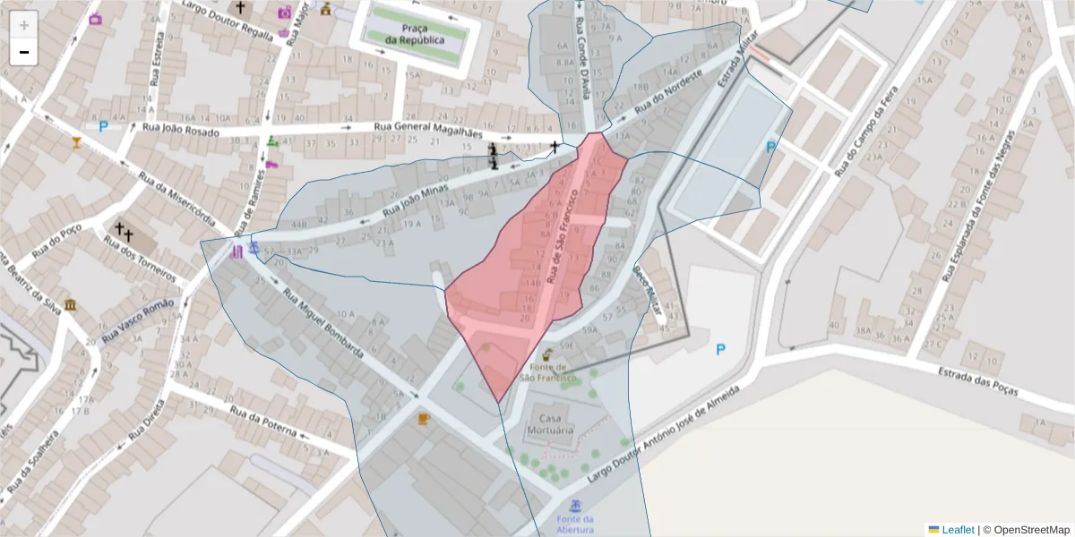 Mapa detalhado do código postal 7370-032 com limites, códigos postais vizinhos e agências dos correios