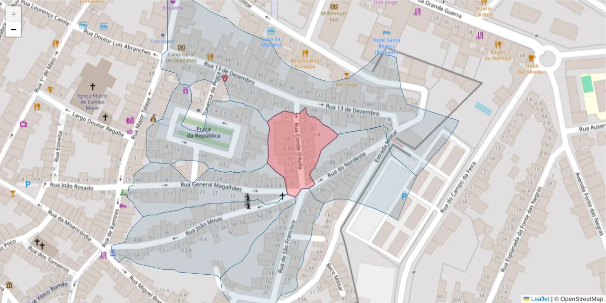 Mapa detalhado do código postal 7370-033 com limites, códigos postais vizinhos e agências dos correios