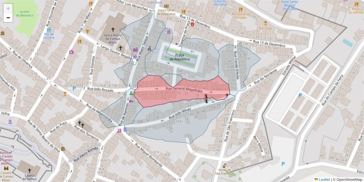 Mapa detalhado do código postal 7370-045 com limites, códigos postais vizinhos e agências dos correios