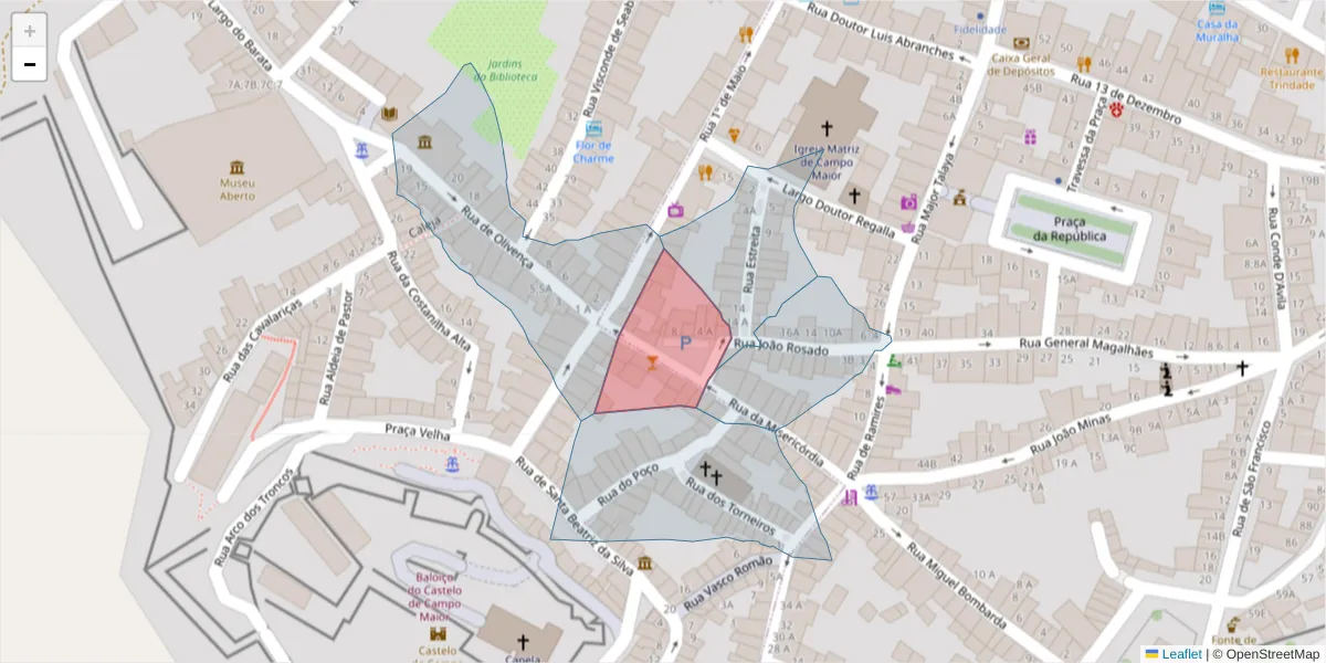 Mapa detalhado do código postal 7370-046 com limites, códigos postais vizinhos e agências dos correios