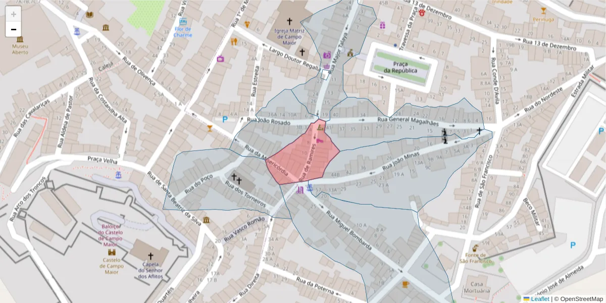 Mapa detalhado do código postal 7370-070 com limites, códigos postais vizinhos e agências dos correios