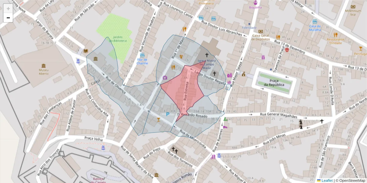 Mapa detalhado do código postal 7370-072 com limites, códigos postais vizinhos e agências dos correios