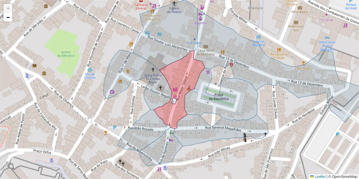 Mapa detalhado do código postal 7370-073 com limites, códigos postais vizinhos e agências dos correios